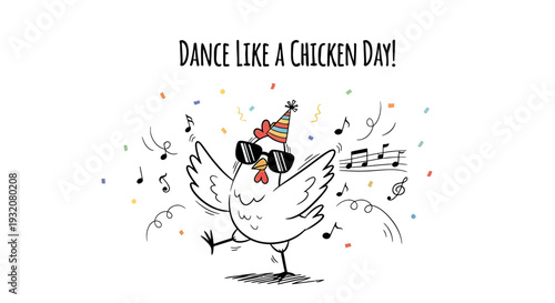 Cartoon Chicken Wearing Sunglasses Party Hat Dancing.