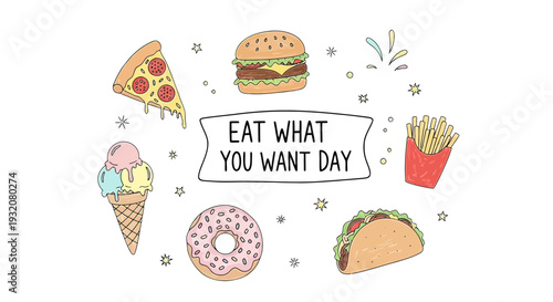 Colorful Illustration of Various Junk Foods.