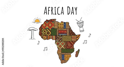Colorful Map of Africa with Cultural Symbols.
