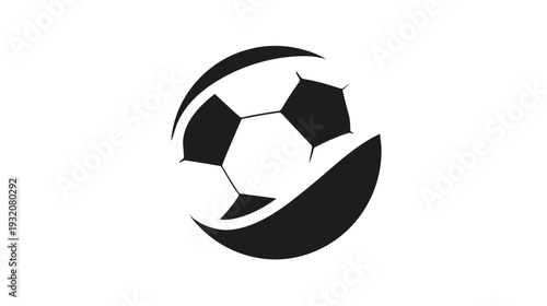 Stylized black and white soccer ball enclosed in dynamic, curved shapes, centered