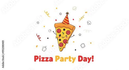 Illustration of a Slice of Pizza with Party Hat.