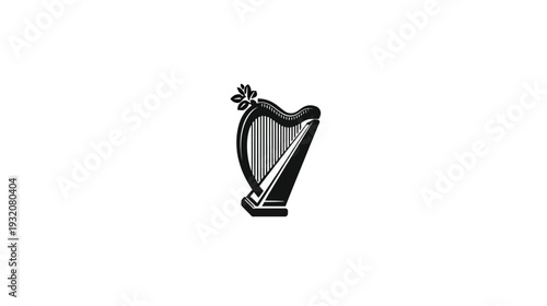 A black and white illustration of a harp, with a sprig on top, set against a blank white backdrop