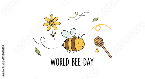 Illustration of a Bee with Honeycomb and Flower.