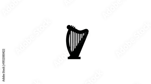 A black and white illustration of a harp, a musical instrument on a pure white background