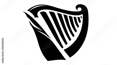 A black and white stylized illustration of a harp musical instrument