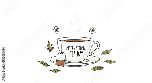 International Tea Day Illustration with Cup and Leaves.