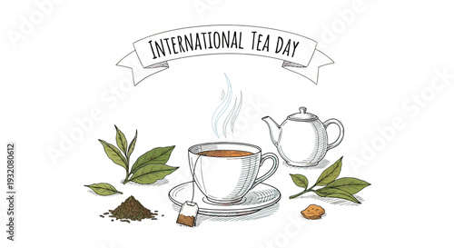 Steaming Tea Cup and Teapot Illustration.