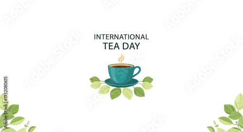 Teal Tea Cup with Steam and Leaves.