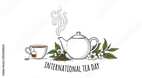 Teapot and Tea Cup with Leaves.