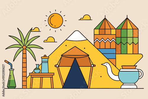 Vibrant desert oasis scene with tent, palm tree, and ancient castle