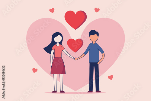 Loving couple holding hands in front of big heart