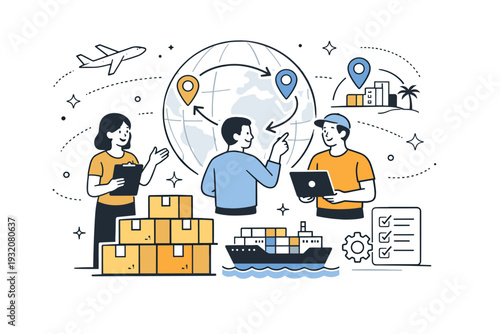 Logistics and export coordination. A team coordinates shipments with stacked boxes, a cargo ship icon, and directional motion lines connecting markets. The