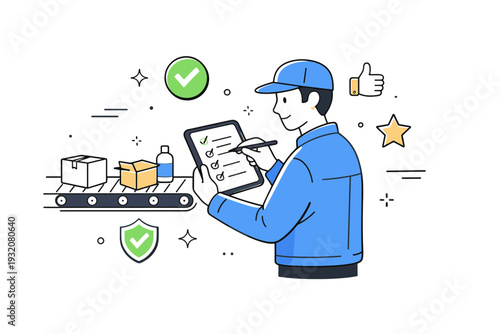 Quality control inspection. A quality manager checks products on a conveyor line, marking a digital checklist while small approval icons appear around. The