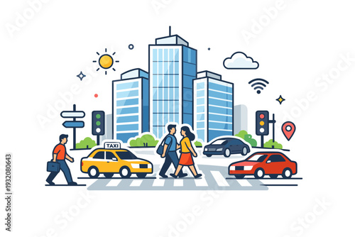 City life in motion showing a busy intersection where pedestrians, taxis, and private cars share space beneath towering glass skyscrapers. A visual metaphor of