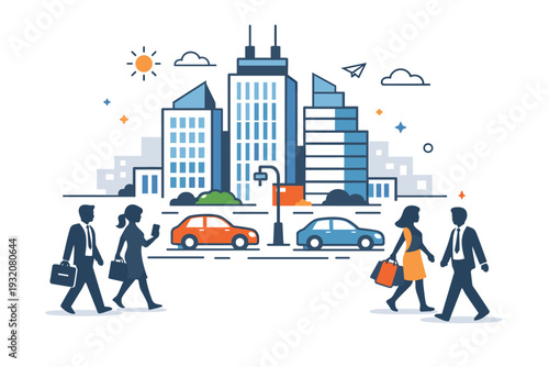 Busy urban avenue featuring simplified silhouettes of office workers and shoppers, compact cars in transit, and geometric high-rise buildings stacked in