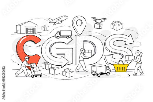 Consumer Goods Distribution Strategy. Large map pins and delivery arrows forming bold headline letters while characters move boxes along clean graphic routes,