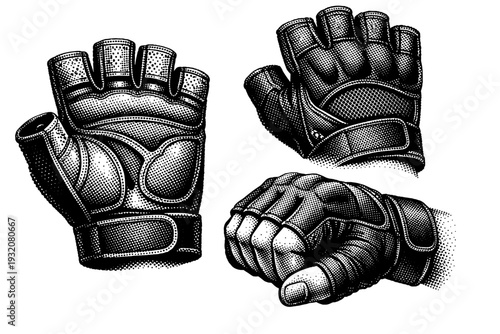 Gym gloves illustrated palm side, back side, and slightly curved gripping position in one composition, emphasizing stitching, padding zones, and realistic