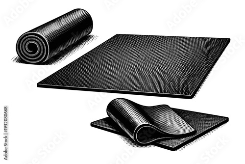 Yoga mat shown rolled up, fully unrolled flat, and partially folded in perspective within one composition, highlighting surface texture and realistic flexible