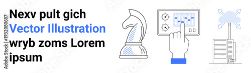 Business strategy, decision-making, cloud computing, data management, innovation, automation. Chess knight, finger touching control panel cloud server. Strategy and cloud computing