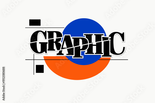 A bold black and white vintage serif wordmark fragmented into layered cut-out letters, oversized cobalt blue circle partially covering the typography, bright