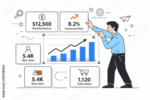 Data analytics widgets. A professional resizes graph and KPI cards on a clean dashboard, focusing on key metrics. Abstract shapes and subtle line icons