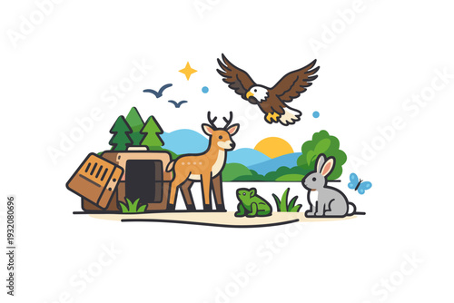 Species reintroduction programs restoring wildlife populations through the careful release of animals from transport crates into protected natural habitats. A