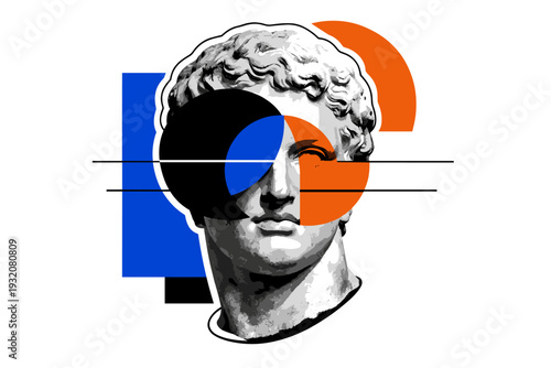 A black-and-white retro statue head combined with bold geometric circles and semi-circles intersecting the face, thin horizontal lines cutting through the
