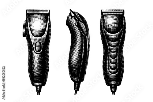 Electric hair clipper displayed as the same device in three views: front view highlighting blades, side profile showing body contour, and rear view with