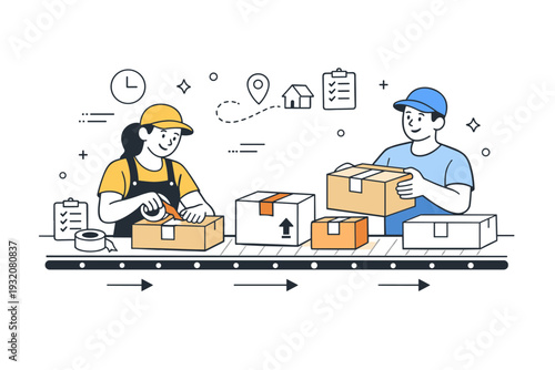 Logistics team preparing shipments. Two warehouse staff sealing multiple parcels and placing them onto a simple conveyor belt, relaxed but efficient