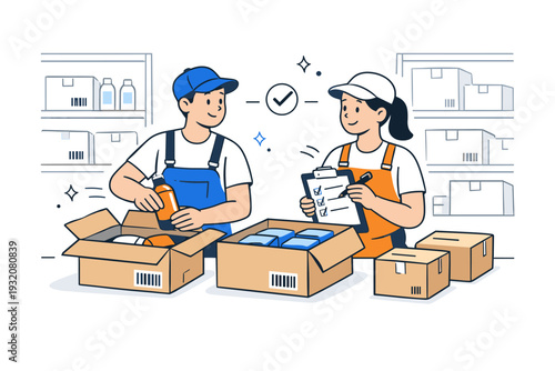 Warehouse staff organizing and packing products. Two workers in a clean storage area carefully placing items into labeled boxes, exchanging a quick checklist