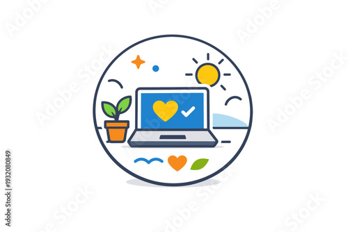 Remote work wellbeing laptop with a small plant and sun icon arranged in a compact circular composition, conveying work life harmony and flexible wellness