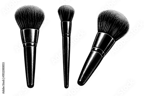 Professional makeup brush shown as the same object in three views: front view with visible bristle dome, side profile revealing ferrule and handle length, and
