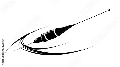 Graphic with a central spear-shaped element, curved lines, and a thin, extended line with a small dot