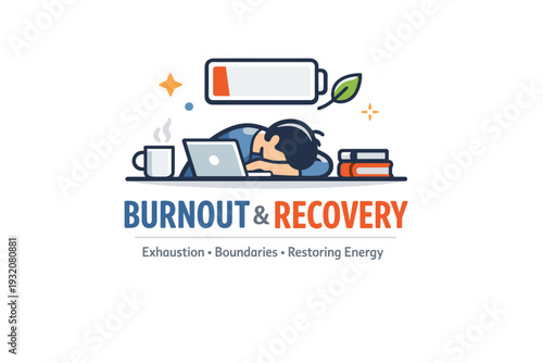 Burnout at work office desk with a dimmed battery icon hovering above, paired with a tiny leaf element suggesting recovery and renewal. A modern editorial