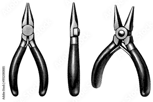 Jeweler?s needle nose pliers shown as the same object in three views: closed front view, side profile highlighting tapered jaws, and slightly open angled view