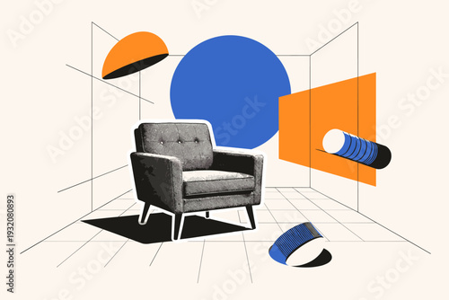 A black-and-white retro armchair placed inside an abstract geometric room, large flat cobalt blue circle acting as a window, sharp orange rectangle casting a