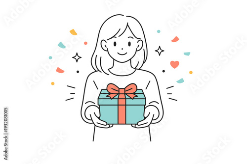 Gift giving. A young woman hands a wrapped present with a gentle smile, soft confetti shapes floating around to suggest celebration. Calm friendly moment of