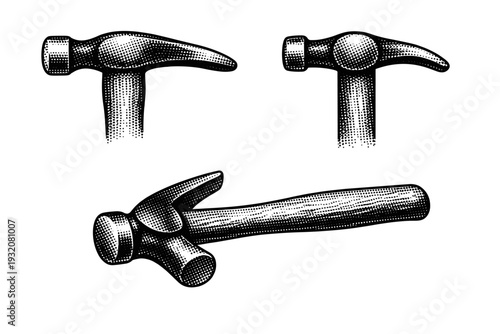 Shoemaker hammer shown in three precise views including side profile, top view, and angled perspective, featuring a rounded striking face and slightly curved