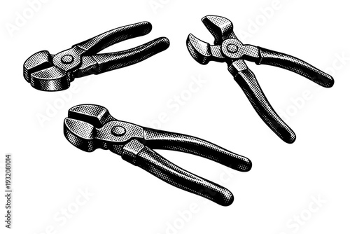 Shoemaker lasting pliers displayed in three angles including closed resting position, open working position, and angled perspective, showing the broad gripping