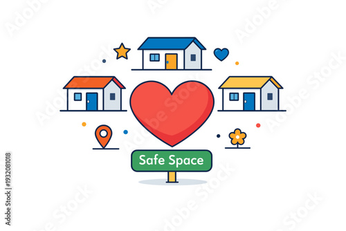 Emergency shelters for displaced families temporary housing units arranged around a central heart symbol expressing safety, stability and community support