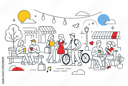 Pedestrian zone in city center. People strolling past small shops and cozy cafes, trees in planters and benches inviting to relax. Friends chatting with coffee