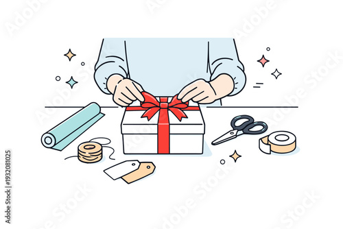 Holiday gift wrapping. A person carefully tying a ribbon around a box on a clean table, scissors and paper neatly arranged, small decorative stars floating