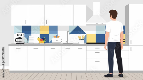 a man stands in a modern kitchen with white cabinets and a colorful tiled backsplash reflecting a cozy home interior and morning routine.