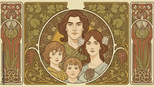 art nouveau family portrait of parents and two children framed by elegant organic motifs in a classic decorative illustration style.