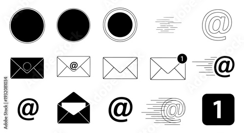 email and messaging icons set illustrating digital communication new messages and online notifications for web and app interface.