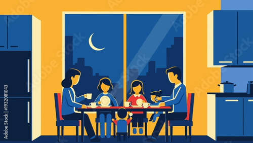 family dinner at home with parents and three children enjoying a warm evening meal illustrating bonding and domestic life.