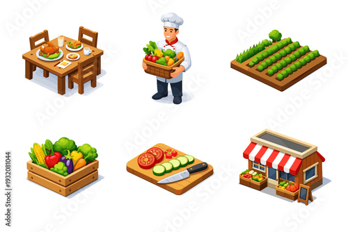 Farm to Table. Isometric flat vector icons set of Farm to Table: wooden dining table with fresh meal, chef holding basket of produce, field rows with growing