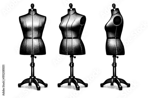 Dress form mannequin A classic adjustable dress form mannequin shown in front view, three-quarter angle, and side profile to emphasize its torso proportions