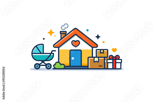 Milestones of family life compact house icon surrounded by baby stroller, moving boxes and anniversary gift, symbolizing the evolving stages of a couple?s