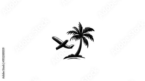 A grayscale logo depicting an airplane near a palm tree on a white background